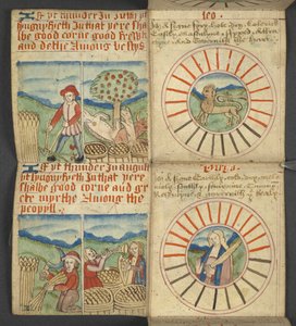 يضيف. 17367، f.6r Leo & Virgo، from Almanac، يحتوي على جدول بالحروف السائدة والأرقام الذهبية؛ اتجاهات للعثور على الأعياد المنقولة. تقويم القديسين ، العصور ، قائمة الملوك الإنجليز ، تنبؤات الطقس ، تأثير علامات بواسطة مدرسة اللغة الإنجليزية