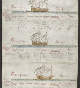 إضافة MS 22047 f.4r The galleass The Unicorn و The Swallow من "The Anthony Roll" بواسطة مدرسة اللغة الإنجليزية