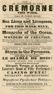 إعلان عن ظهور Sea Lions و Lionesses في حدائق كريمورن ، لندن عام 1848 بواسطة مدرسة اللغة الإنجليزية