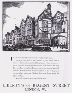 إعلان عن Liberty's Of Regent Street ، لندن ، حوالي عام 1944 (نقش خشبي) بواسطة مدرسة اللغة الإنجليزية