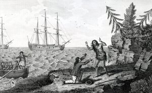 مقابلة مؤثرة مع اثنين من رجال Mokito ، صورة مأخوذة من Moyes Voyages and Travels ، 1778 بواسطة مدرسة اللغة الإنجليزية