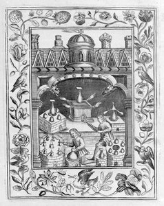 مختبر كيميائي يعرض أشكالًا متنوعة من الأواني والأوعية ، مأخوذة من Theatrum Chemicum Britannicum بواسطة Elias Ashmole ، 1652 بواسطة مدرسة اللغة الإنجليزية