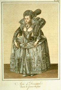 آن الدنمارك (1574-1619) زوجة جيمس الأول ، رسم توضيحي من العرض الكامل لفستان وعادات شعب إنجلترا المجلد الثاني ، تم نشره عام 1799 بواسطة مدرسة اللغة الإنجليزية