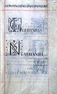 أرشيف 3693 f.46 صفحة تسرد ثلاثة مستفيدين من New College ، أكسفورد: Gulielmus ، Nathaniel ، من كتاب الإحسان بواسطة مدرسة اللغة الإنجليزية