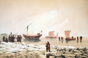السفر في القطب الشمالي ، رسم توضيحي من رحلة إلى خليج بافينز ومضيق بارو ... ، 1852 (نقش يدوي)