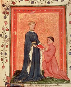 أروندل 38 ص 37. توماس هوكليف يقدم كتابه "Regement of Princes" ، إلى أمير ويلز (لاحقاً هنري الخامس) حوالي 1411-13 (ورق) بواسطة مدرسة اللغة الإنجليزية