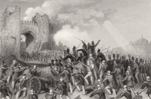 اعتداء على دلهي والاستيلاء على بوابة الكشمير في 14 سبتمبر 1857 ، من "تاريخ التمرد الهندي" المنشور عام 1858 بواسطة مدرسة اللغة الإنجليزية