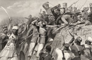 هجوم المتمردين على بطارية ريدان في لوكناو ، 30 يوليو 1857 ، من "تاريخ التمرد الهندي" ، نشر عام 1858 بواسطة مدرسة اللغة الإنجليزية