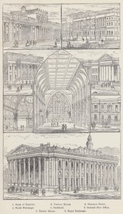 بنك إنجلترا ، Custom House ، Mansion House ، Stock Exchange ، Guildhall ، General Post Office ، Trinity House ، Royal Exchange (engraving) بواسطة مدرسة اللغة الإنجليزية