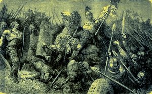 يقود بيليساريوس الجيش الروماني ضد القوط ، توضيح من التاريخ المصور للعالم ، تم نشره عام 1880 (صورة محسنة رقميًا) بواسطة مدرسة اللغة الإنجليزية