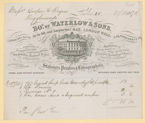 فاتورة من Waterlow and Sons، 66-68 Carpenters Hall، London Wall، stationers بواسطة مدرسة اللغة الإنجليزية