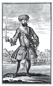 Blackbeard the Pirate ، من تاريخ عام للسرقات وقتل القراصنة سيئ السمعة من قبل الكابتن تشارلز جونسون ، نشر 1724 بواسطة مدرسة اللغة الإنجليزية