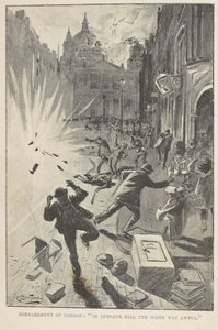 قصف لندن: "في لودجيت هيل كان المشهد فظيعًا" ، رسم توضيحي للواجهة من "الحرب العظمى في إنجلترا عام 1897" بقلم ويليام لو كويو بواسطة مدرسة اللغة الإنجليزية