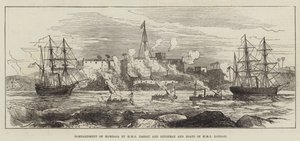 قصف مومباسا بواسطة HMS Nassau و Rifleman و Boats of HMS London (نقش) بواسطة مدرسة اللغة الإنجليزية