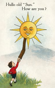 صبي يقول مرحباً للشمس (طباعة حجرية ملونة) بواسطة مدرسة اللغة الإنجليزية