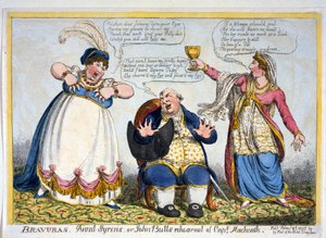 برافوراس ، منافس سيرينز أو بروفة جون بول للكابتن ماتشيث ، حانة. 1807 (نقش ملون يدوي) بواسطة مدرسة اللغة الإنجليزية