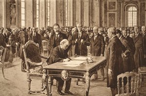 رئيس الوزراء البريطاني يوقع معاهدة السلام مع ألمانيا في قاعة المرايا في فرساي ، 28 يونيو 1919 بواسطة مدرسة اللغة الإنجليزية