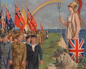 British and Empire military personnel and civilians involved in the war effort parading before Britannia (colour litho) بواسطة مدرسة اللغة الإنجليزية