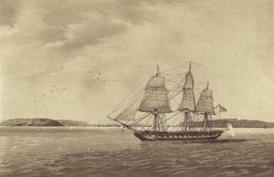 الفرقاطة البريطانية HMS Fisgard، بقيادة القبطان تماس بيام مارتن، تقوم بالاستطلاع قبالة بريست، فرنسا (صورة ليثوغرافية) بواسطة مدرسة اللغة الإنجليزية