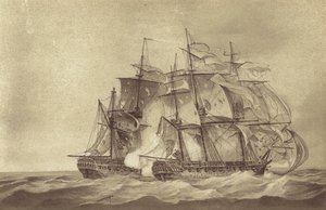 British frigate HMS Santa Margarita, commanded by Captain Thomas Byam Martin, capturing the French frigate Tamise, June 1796 (litho) بواسطة مدرسة اللغة الإنجليزية