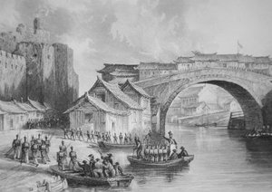 British troops land at the West Gate of Ching Keang during the Opium Wars, illustration after an eyewitness sketch by Captain Stoddard (litho) (b/w version of 225386) بواسطة مدرسة اللغة الإنجليزية