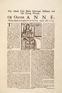 نشرة نُشرت في وفاة الملكة آن ، يوم الأحد 1 أغسطس 1714 (مطبوعة ونقش خشبي) بواسطة مدرسة اللغة الإنجليزية