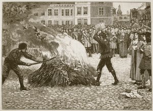 كتيب حرق الجنازة من قبل الجلاد المشترك ، رسم توضيحي من كاسيلس مصور تاريخ إنجلترا (صورة بني داكن) بواسطة مدرسة اللغة الإنجليزية