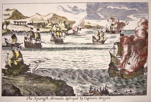 Captain Morgan defeats Spanish warships blocking the mouth of Lake Maracaibo in 1669 (coloured engraving) بواسطة مدرسة اللغة الإنجليزية