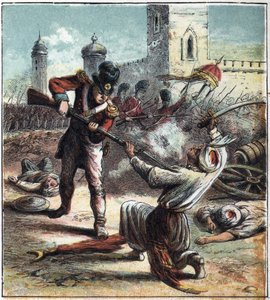 استيلاء الجيش البريطاني بقيادة دوق ويلينجتون آرثر ويلينجتون (1769-1852) على بلدة سيرينجاباتام (أو سريرانغاباتنا) ، عاصمة ميسور (ميسور) في الهند ، في عام 1799. وكان هذا الحدث بمثابة نهاية للحرب الأنجلو مايزور والهيمنة بواسطة مدرسة اللغة الإنجليزية