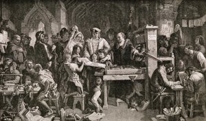 Caxton (1422-91) يظهر عينات من طباعته للملك إدوارد الرابع في المونري في وستمنستر ، 1858 بواسطة مدرسة اللغة الإنجليزية