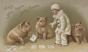 Child ina Pierrot costume with three pigs, Christmas card (chromolitho) بواسطة مدرسة اللغة الإنجليزية