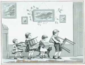 أطفال يحملون كرسي ومقاعد ، بطاقة عيد الميلاد بواسطة مدرسة اللغة الإنجليزية
