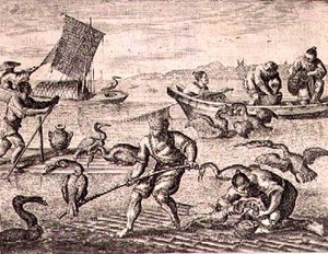 صيادون صينيون يستخدمون طائر الغاق لصيد الأسماك ، رسم توضيحي من وصف السفارات في الصين بواسطة مدرسة اللغة الإنجليزية