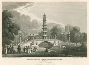 المعبد والجسر الصيني ، St Jamess Park ، لندن ، كما ظهر في 1 أغسطس 1814 بواسطة مدرسة اللغة الإنجليزية