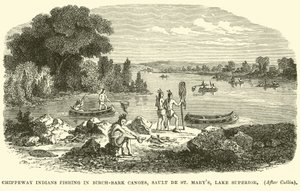 صيد الهنود الحمر في صيد الأسماك في زوارق Birch-bark ، Sault de St Marys ، بحيرة سوبيريور بواسطة مدرسة اللغة الإنجليزية