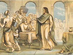 Christ cleansing the Temple (coloured engraving) بواسطة مدرسة اللغة الإنجليزية