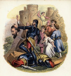 كريستيانا والحجاج ينظرون إلى Greatheart وهو يذبح اليأس العملاق ، وهو رسم توضيحي من The Pilgrim's Progress بقلم جون بنيان (لون ليثو) بواسطة مدرسة اللغة الإنجليزية