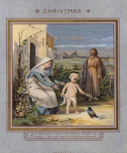 Christmas card: Jesus playing with a dove, watched over by his parents (chromolitho) بواسطة مدرسة اللغة الإنجليزية