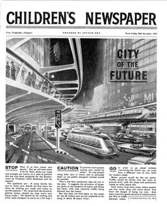 مدينة المستقبل ، الصفحة الأولى من "جريدة الأطفال ، فبراير 1963 (ورق الصحف)