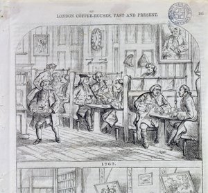 غرفة القهوة عام 1763 ، من London Coffee-Houses Past and Present (color engraving) بواسطة مدرسة اللغة الإنجليزية