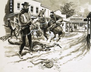 كول يونغر ، عضو Jesse James Gang ، في تبادل لإطلاق النار بواسطة مدرسة اللغة الإنجليزية