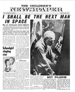 العقيد جون جلين ، الصفحة الأولى من "جريدة الأطفال" ، 1961 (ورق الصحف)