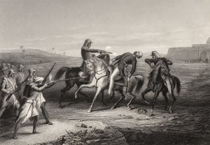 قتل العقيد جون بلات على يد المتمردين في ماو ، 1 يوليو 1857 ، من "تاريخ التمرد الهندي" ، نشر في عام 1858 بواسطة مدرسة اللغة الإنجليزية