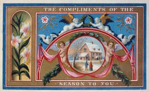"Compliments of the Season" ، بطاقة فيكتورية (chromolitho) بواسطة مدرسة اللغة الإنجليزية