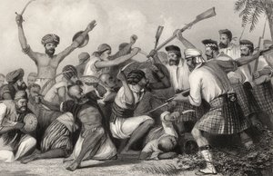 صراع مع الغزيين قبل باريلي في 6 مايو 1858 ، من "تاريخ التمرد الهندي" ، نُشر عام 1858 بواسطة مدرسة اللغة الإنجليزية