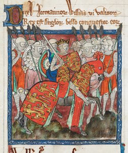 Cott Claud D II f.33 ويليام الفاتح يركب مع جنوده ، "كتاب قوانين الملوك القدماء" (ورق الرق) بواسطة مدرسة اللغة الإنجليزية