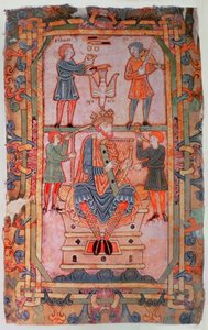 Cott Tib C VI f.30v ديفيد يعزف على القيثارة ، من سفر مزامير طبريا ، وينشستر ، حوالي 1050 (ورق) بواسطة مدرسة اللغة الإنجليزية