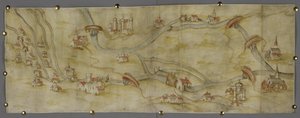 Cotton MS Augustus I i 65 خريطة لنهر ترينت وروافده بين نوتنغهام ونيوارك ، حوالي 1540 (قلم وحبر مع ألوان مائية على ورق) بواسطة مدرسة اللغة الإنجليزية