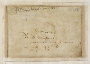 Cotton MS Vespasian F XIII f.123 توقيع ريتشارد "ولاء لي الكذب" بجوار توقيع إدوارد الخامس بواسطة مدرسة اللغة الإنجليزية