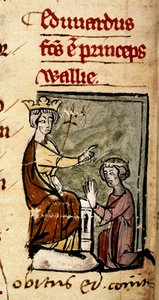 Cotton Nero D. II، f.191v أنشأ إدوارد أوف كارنارفون (إدوارد الثاني) أمير ويلز وإيرل تشيستر من قبل والده الملك إدوارد الأول في برلمان لينكولن ، 7 فبراير 1301 ، من `` Chronica Roffense 